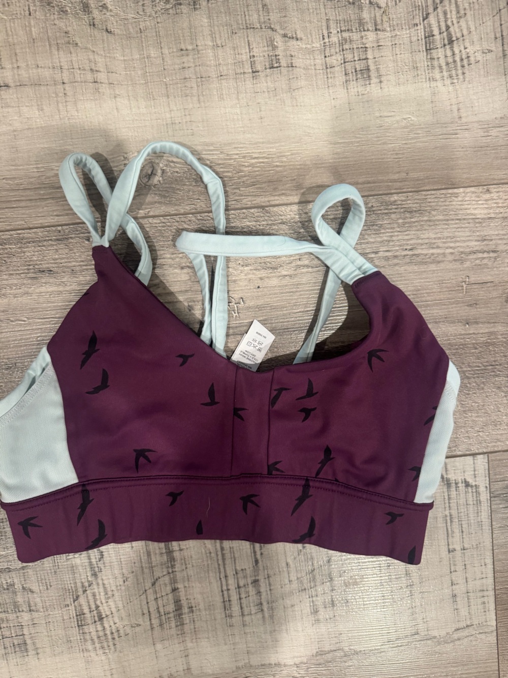 oiselle Plum and Light Blue Strappy Sports Bra with Bird Print size 4